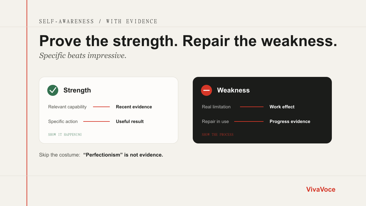 An interview answer framework balancing strength and evidence with weakness and a repair plan
